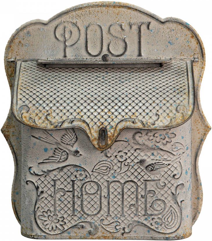 Clayre & Eef Brievenbus 27x12x31 Cm Grijs Blauw Metaal Post Wandbrievenbus Brievenbus Muur Brievenbus Hangend Grijs