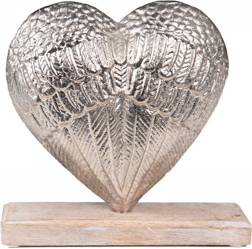 Clayre & Eef Decoratie 13 Cm Zilverkleurig Aluminium Hout Hartvormig Decoratief Figuur Decoratieve Accessoires