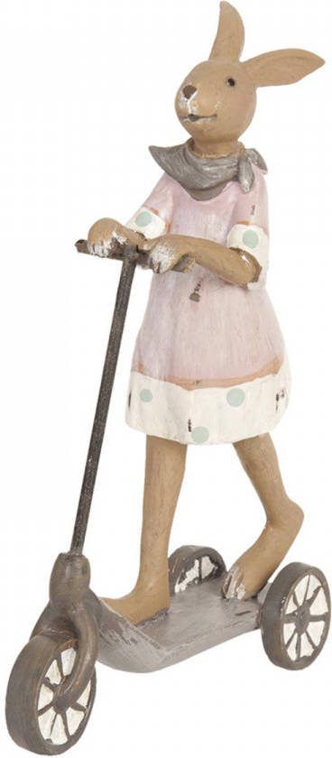 Clayre & Eef Decoratie Beeld Konijn 12*5*18 Cm Bruin, Roze Kunststof Decoratief Figuur Decoratieve Accessoires
