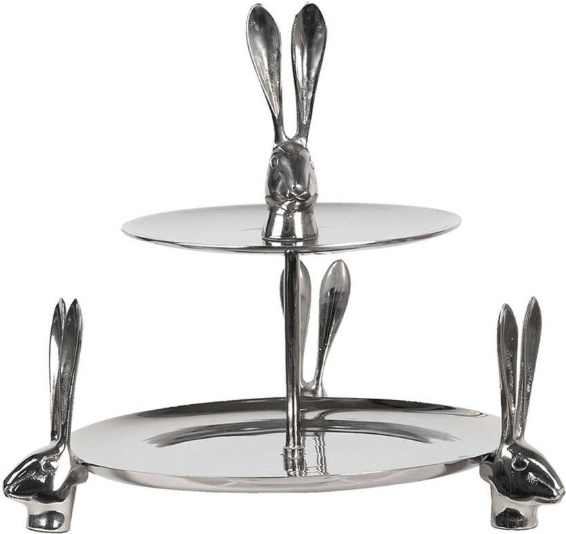 Clayre & Eef Etagère 2 Laags 33*33*36 Cm Zilverkleurig Aluminium Rond Haasjes Taartplateau Serveerschaal Zilverkleurig