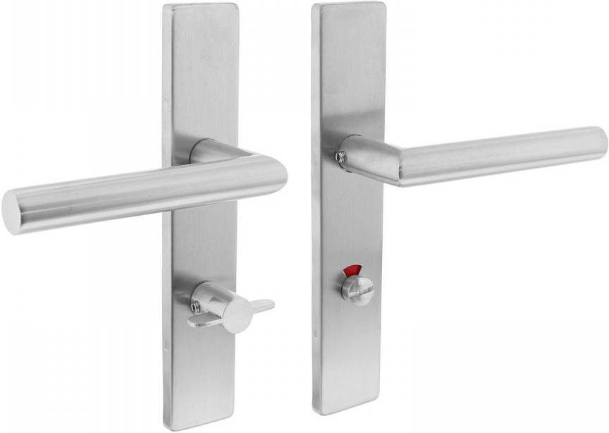 Intersteel Deurkruk Hoek 90° op rechthoekig schild met toilet -/badkamersluiting 72mm(klein krukgat)RVS links
