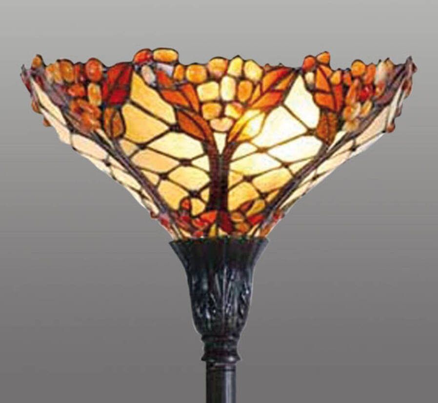 Clayre & Eef Tiffany Vloerlamp Met Stenen Uit De Autumn Serie Bruin, Rood, Geel Ijzer, Glas